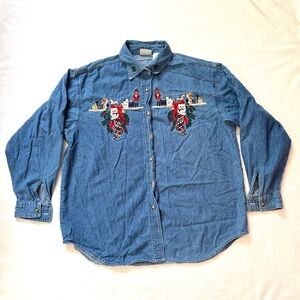 Vintage Christmas Cat Denim Button Up